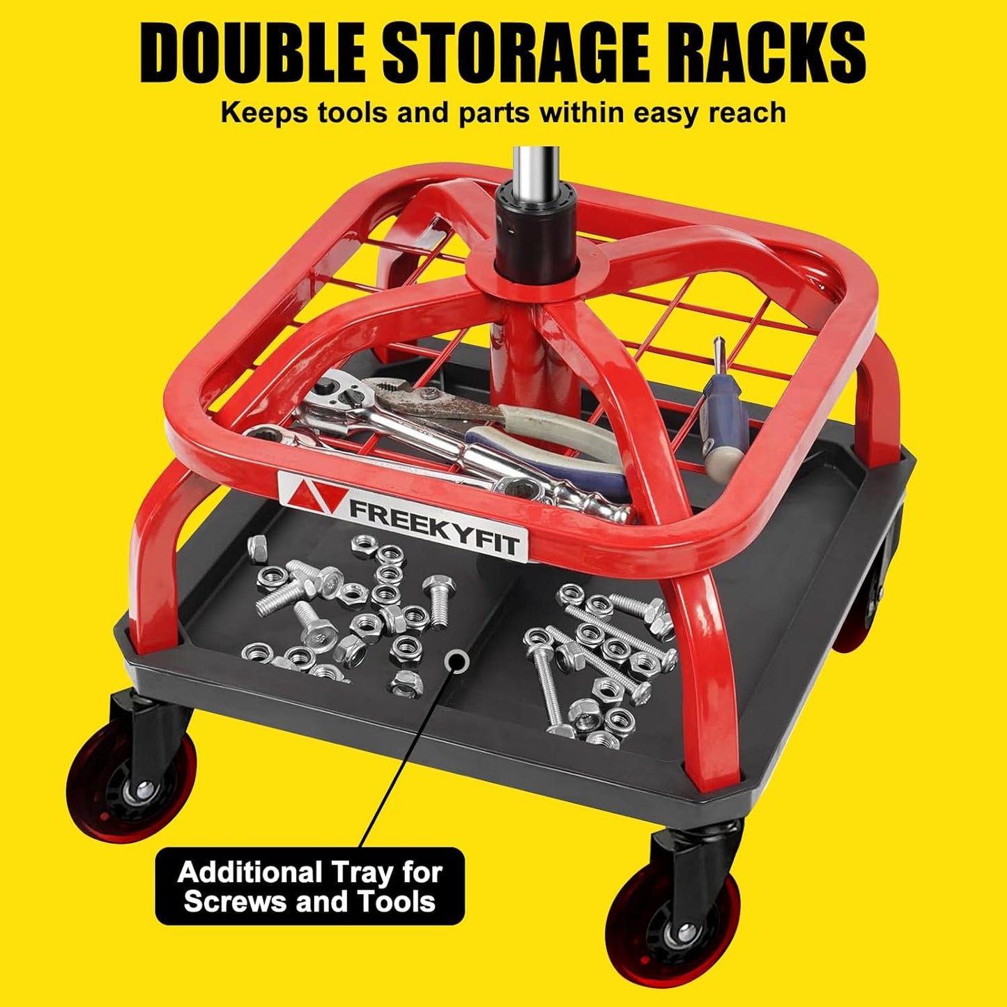 Rolling Stool with Red Wheels, Heavy Duty Garage Work Mechanic Rolling Shop Stool with Backrest, Adjustable Height 360°Swivel Roller Mechanic Chair with 2 Tool Trays, 330 LBS Capacity