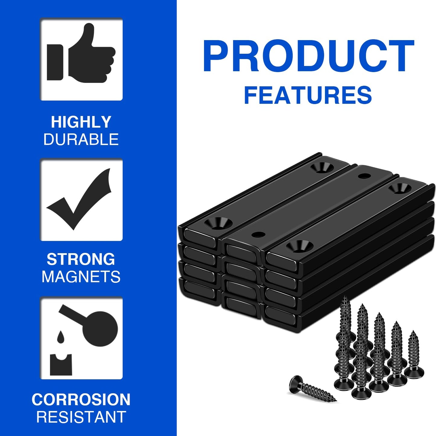 MIKEDE 12 Pack Neodymium Bar Magnets, 70LB Strong Rare Earth Mounting Magnet Heavy Duty, Rectangular Magnet with Countersunk Hole and Steel Capsule, Magnets Strips for Home, Garage - 2.36x0.53x0.2in