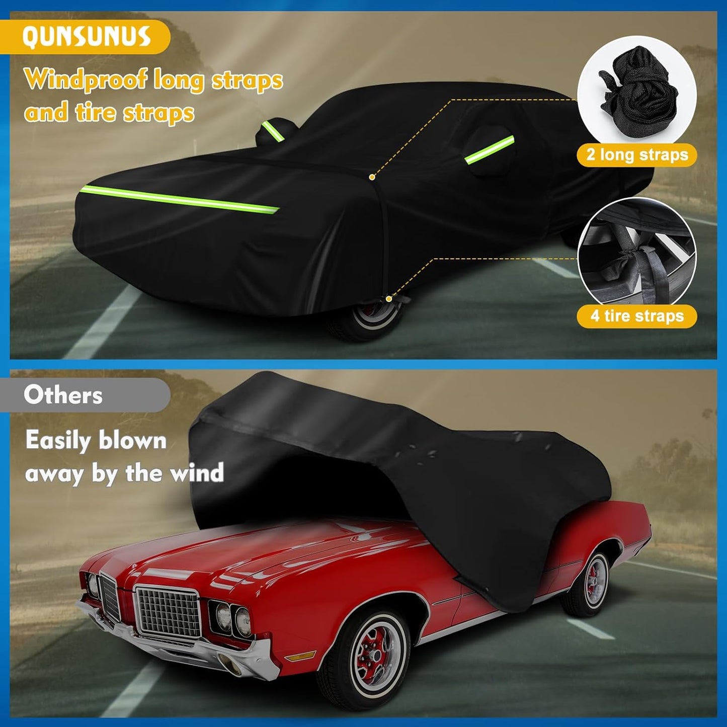 QUNSUNUS Waterproof Car Cover for Oldsmobile Cutlass 1966-1980/1988, Outdoor Car Cover with Zipper, Full Exterior Car Covers for Automobiles All Weather with Wind, Sun, UV and Dust Protection