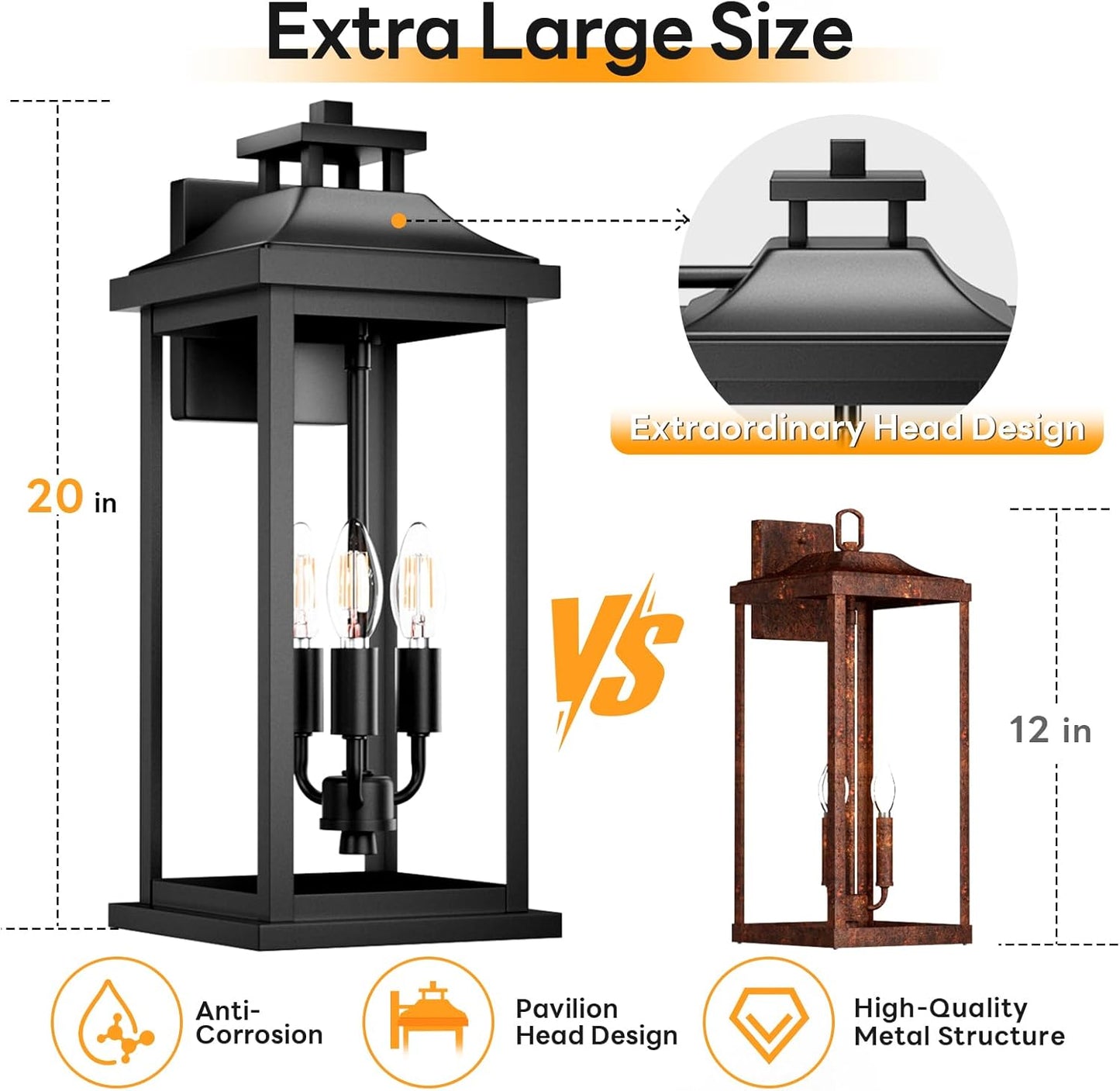 20" Large Outdoor Light Fixtures 3-Light 2 Pack, Black Outside Modern Porch Lights for House, Exterior Wall Sconce Lanterns Wall Mounted Waterproof Outdoor Coach Lamps for Garage E12