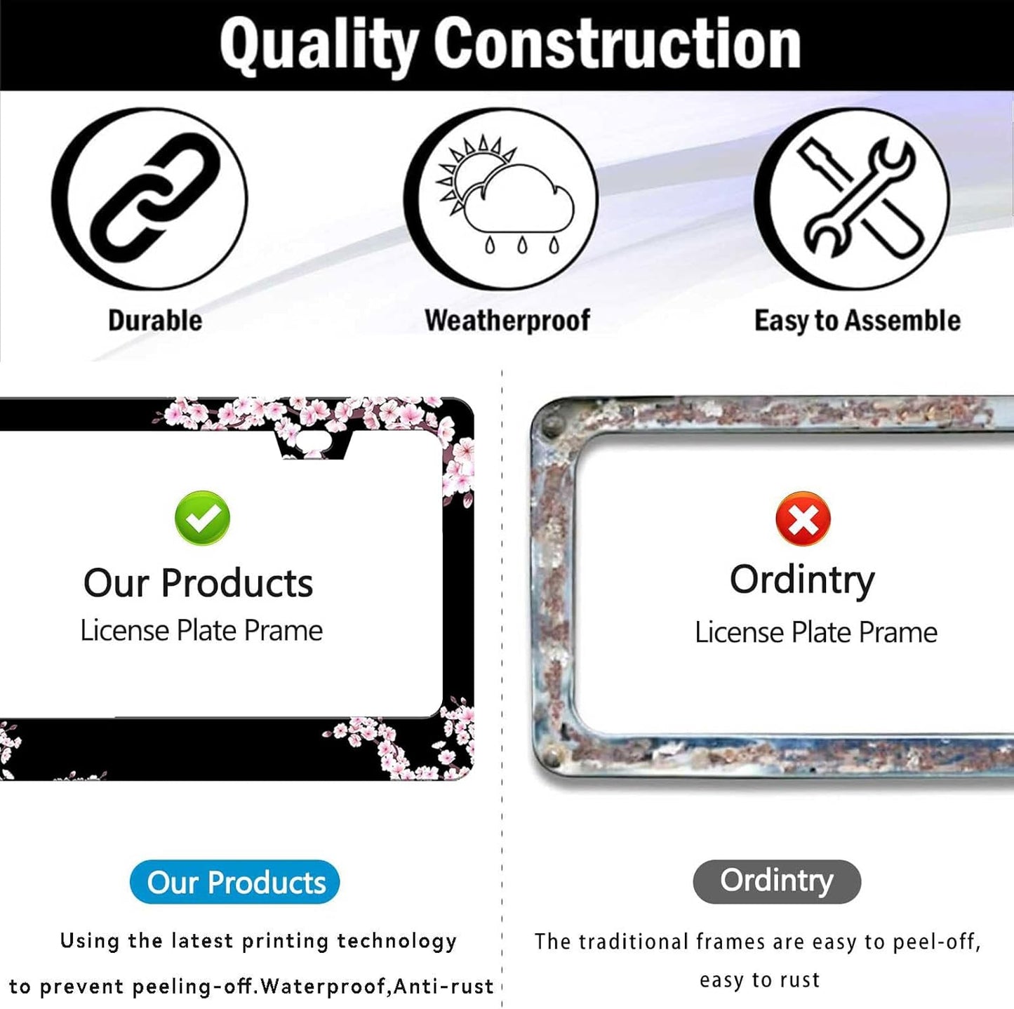 Cherry Blossom License Plate Frame-2 PCS Cherry Floral Flowers License Plate Holder Cover Car Universal Accessories Aluminum Car Tag Frames Fits Standard US Vehicles Size