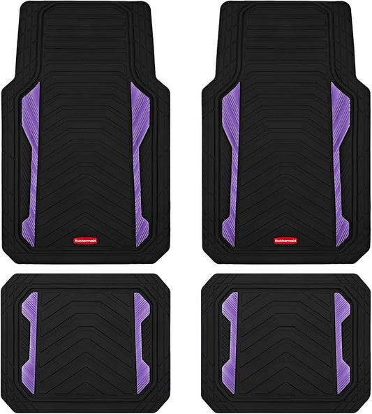 Rubbermaid Car Floor Mat, Heavy Duty All-Weather Car Mats Full Set with Dual-Tone Purple Aluminum Inserts – Universal Fit, Anti-Slip Backing, Trim-to-Fit for Most SUV, Sedan, Van