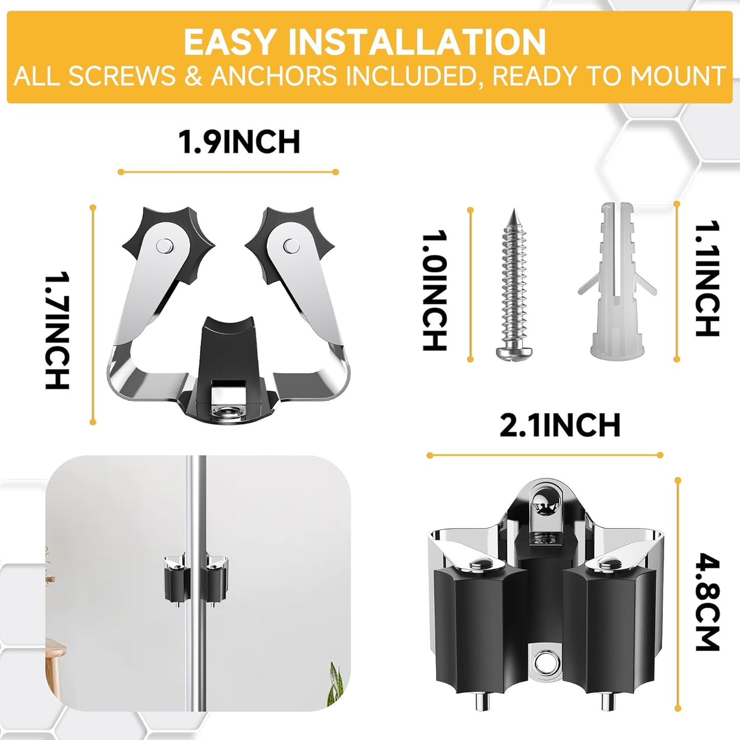 Broom Holder Wall Mount – 6 Pack Broom Rack with Star Shaped Rubber Rollers & Nickel Plated Brackets for Strong Grip and Long Life – Ideal for Garden Tools Organization