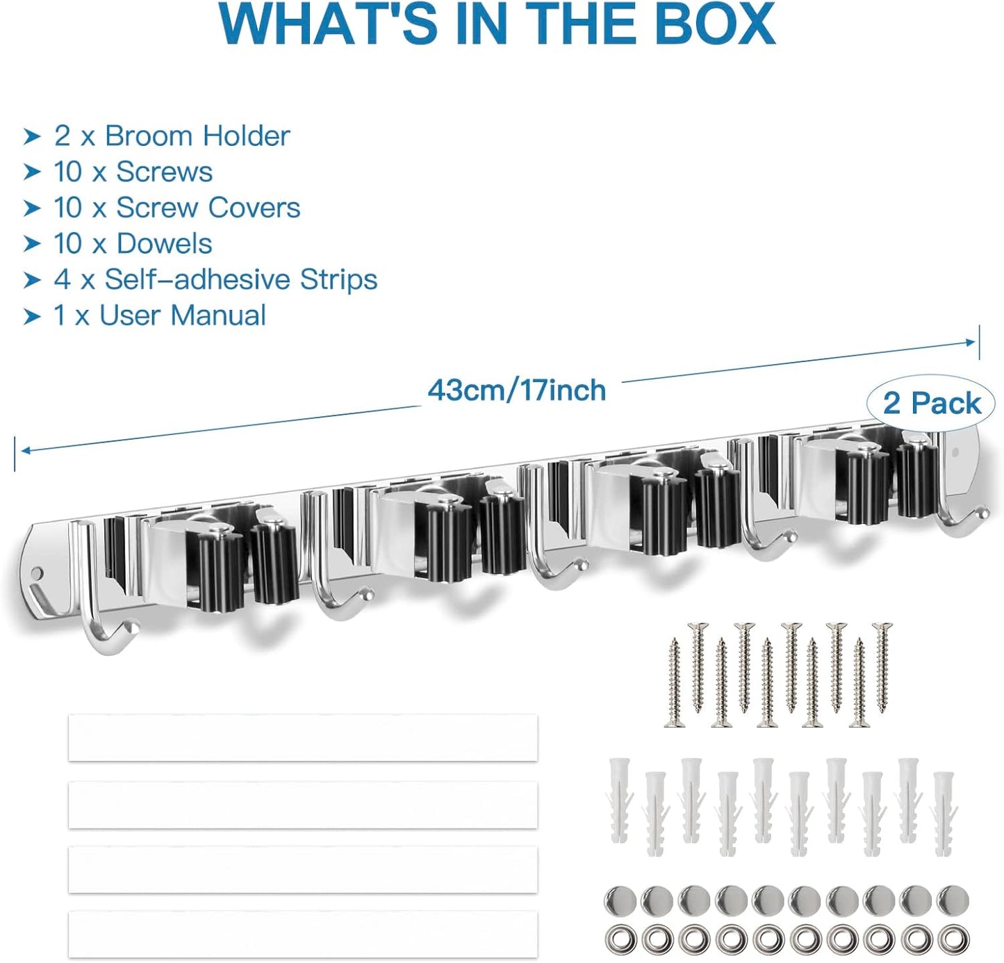 IMILLET 2 Broom Holder Wall Mounted, Stainless Steel Broom Mop Holder Self Adhesive Heavy Duty Hooks Storage Organizer for Home Laundry Room Garden Garage Closet Kitchen（4 Racks with 5 Hooks）