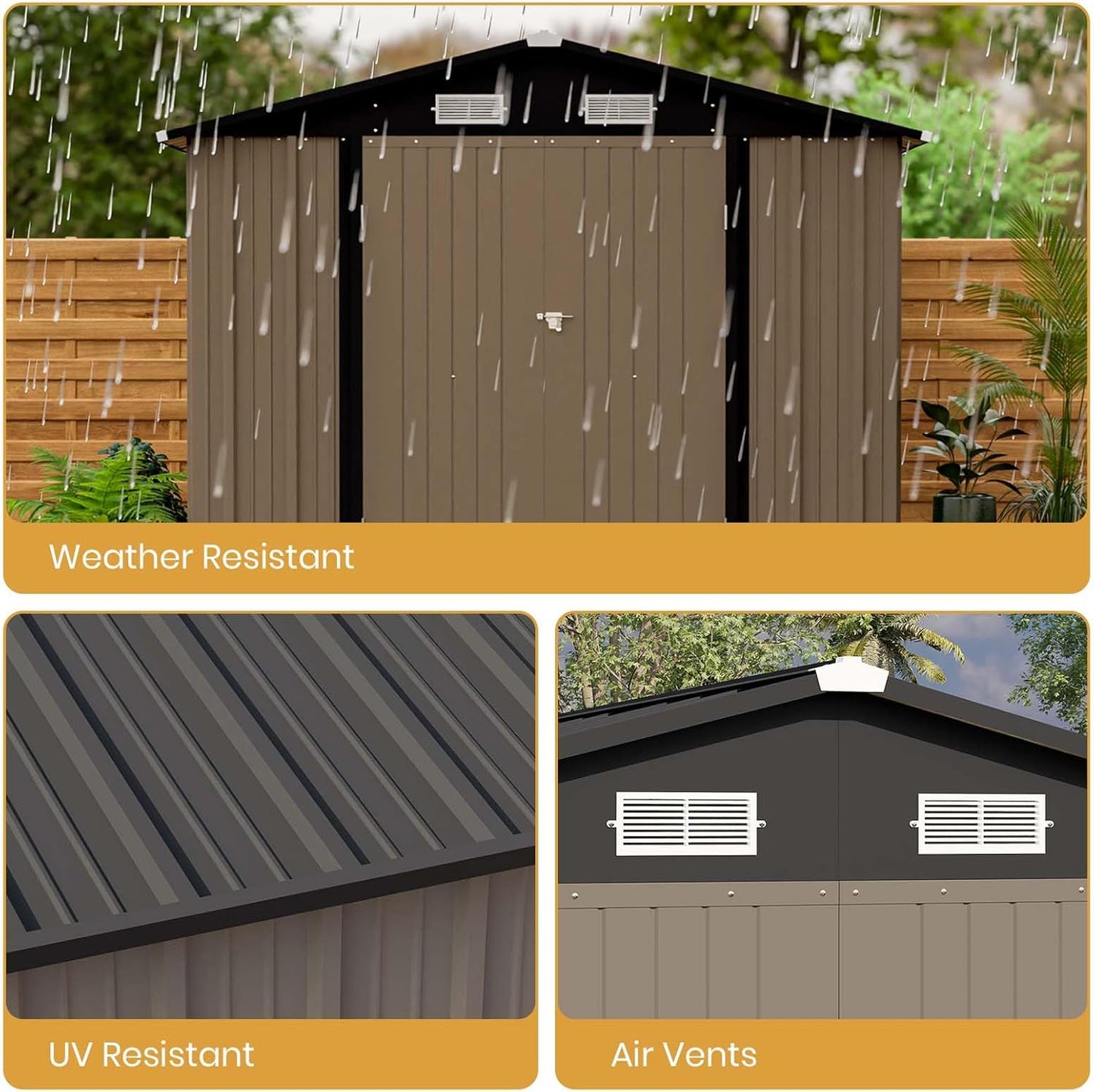 Patiowell 12 x 8 FT Outdoor Storage Shed, Steel Shed Storage House with Design of Lockable Doors, Utility and Tool Storage for Garden, Patio, Backyard, Outside use, Brown