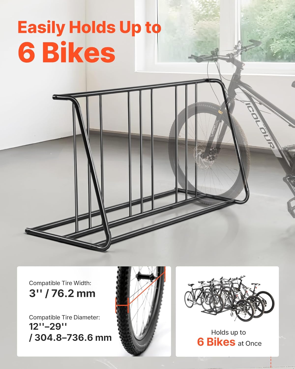 VEVOR Bike Rack, Fits Tire Width 3 Inch/76.2 mm, Carbon Steel Double-Sided Grid Bike Rack Stand, Freestanding Bicycle Storage Holder for Curbside, Garage, Indoor, Outdoor Parking, 6-Bicycle Capacity