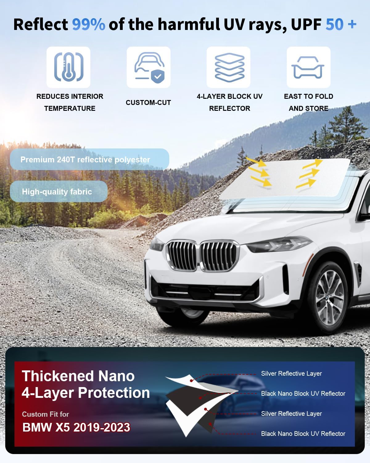 Sunshade for 2025 2026 BMW X5 Windshield Sun Shade Cover, Custom Fit BMW X5 G05 xDrive40i xDrive50i xDrive45e M50i X5 M Sport xLine SUV 2019-2024 Sun Visor Window Shield Car Accessories