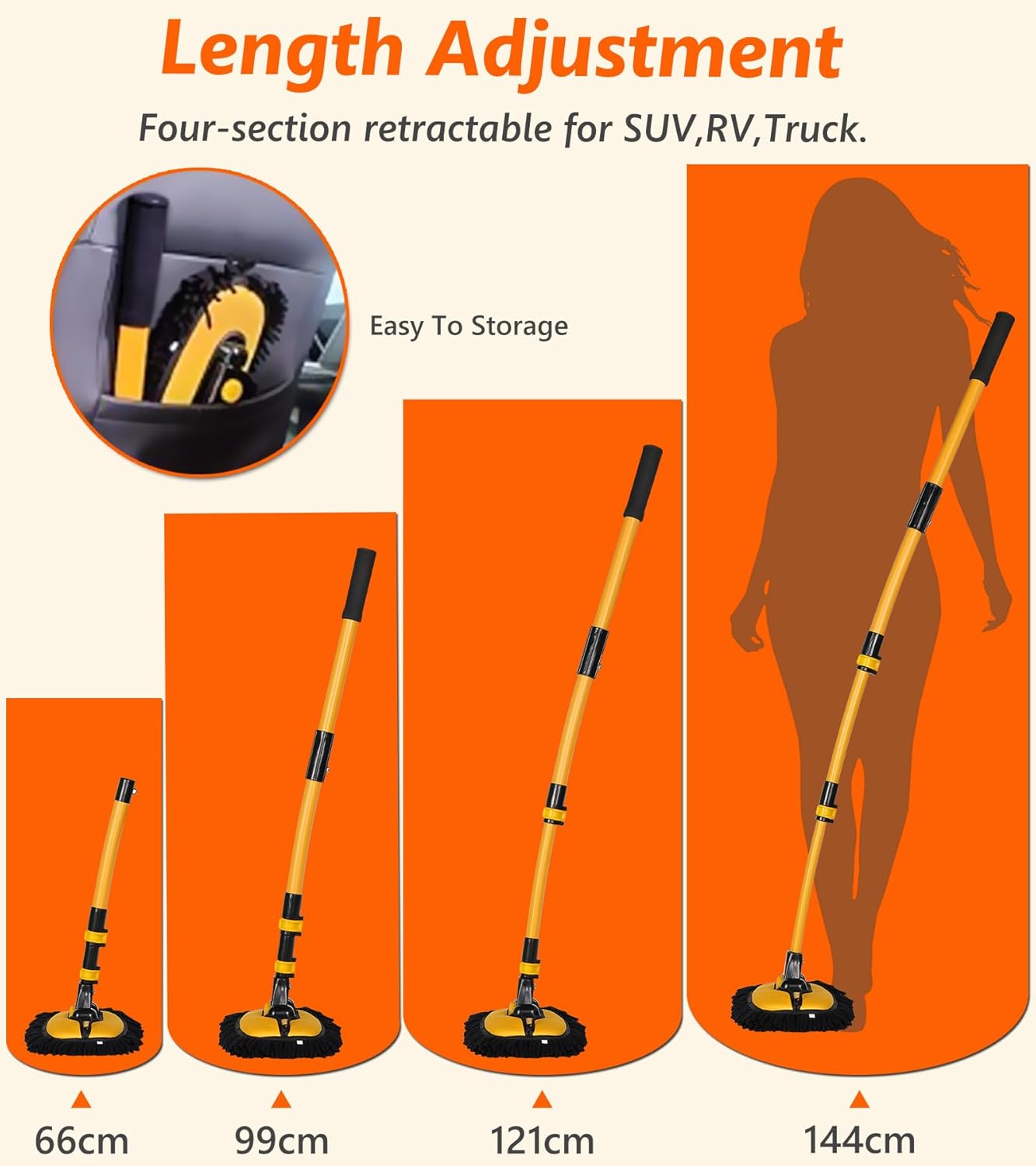 56.7" Car Wash Brush Mop Kit Microfiber Car Washing Sponge Mitt with Long Handle Car Cleaning Supplies Tools RV Washing Duster Exterior Scratch Free, Chenille Replacement Head Extension Pole