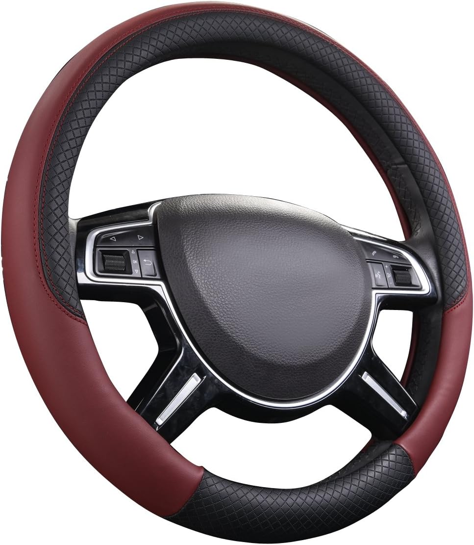 CAR PASS Rhombus Leather Universal Steering Wheel Cover, Fit for Suvs,Trucks,Cars,Sedans,Vans (Black&Burgundy)