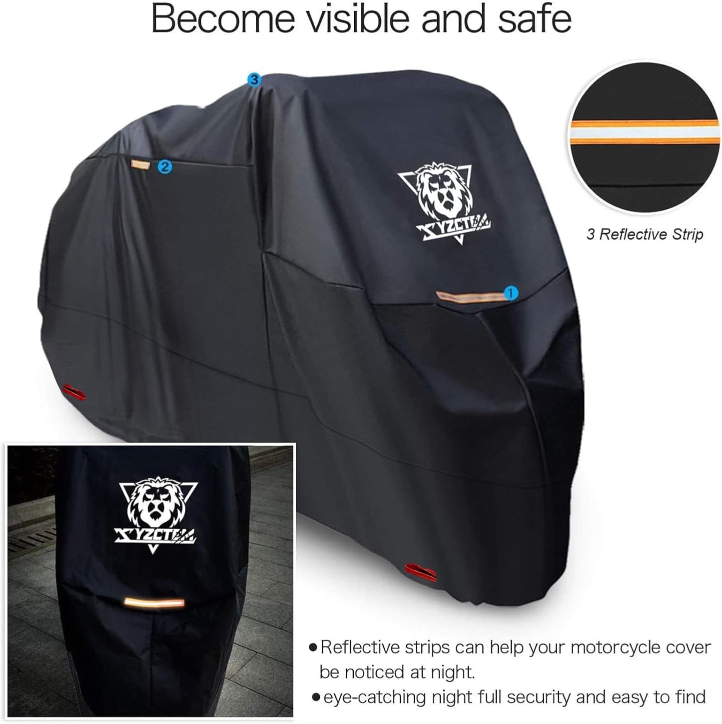 XYZCTEM Motorcycle Cover -Waterproof Outdoor Storage Bag,Made of Oxford Material Fits up to 96 inch, Compatible with Harley Davison and All Motors(Black& Lockholes& Professional Windproof Strap)