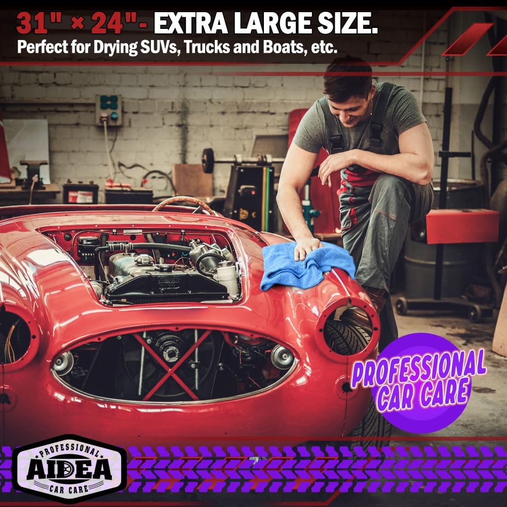 AIDEA Microfiber Towels for Cars-2PK, Large Professional Car Drying Towel, Scratch-Free & Absorbent Drying Towel for Cars, SUVs, RVs, Trucks, and Boats, 24inx 31in, Blue