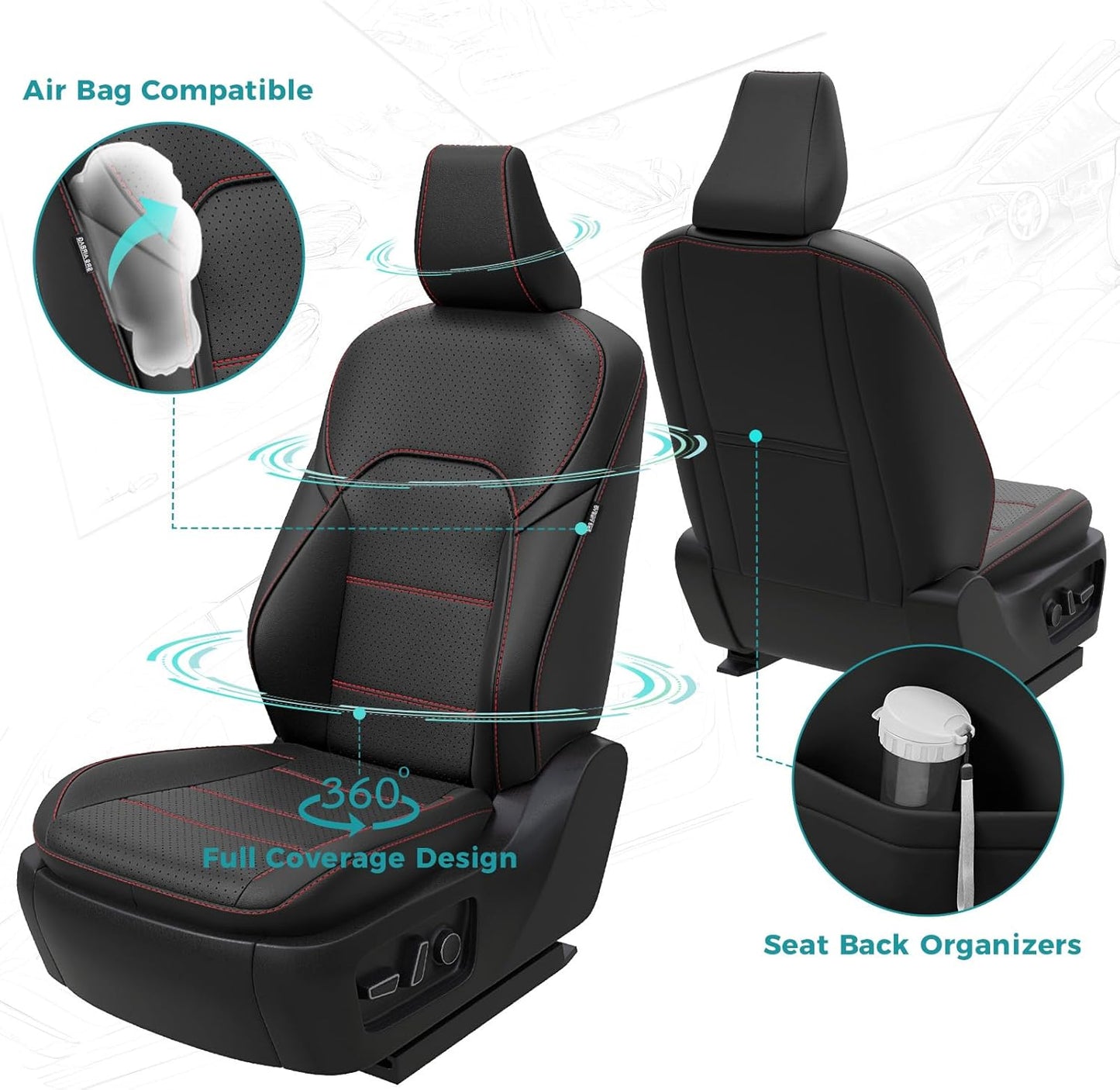 Leather Seat Covers for Toyota Camry 2025 LE SE Hybrid - Custom Fit Car Seat Cover Full Set, Luxury Waterproof Interior Accessories, Breathable Automotive Cushion Protectors, Black Red Trim