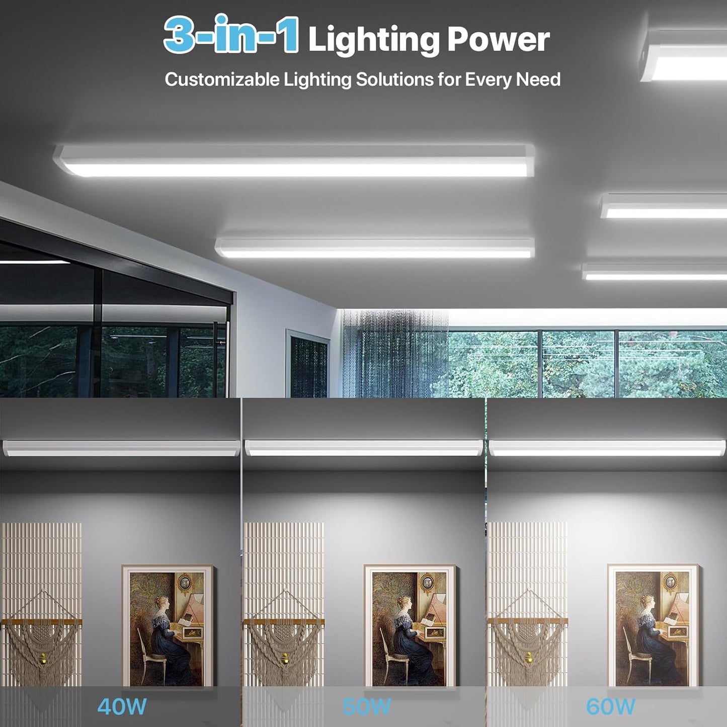 HYPERLITE 4ft LED Wraparound Light 60W,6600LM 4' LED Shop Lights Fixture with 3 Wattages for Garage,4000K Neutral White Wrap Light AC120V, 48inch Led Light Fixtures for for Garage, Office, Kitchen