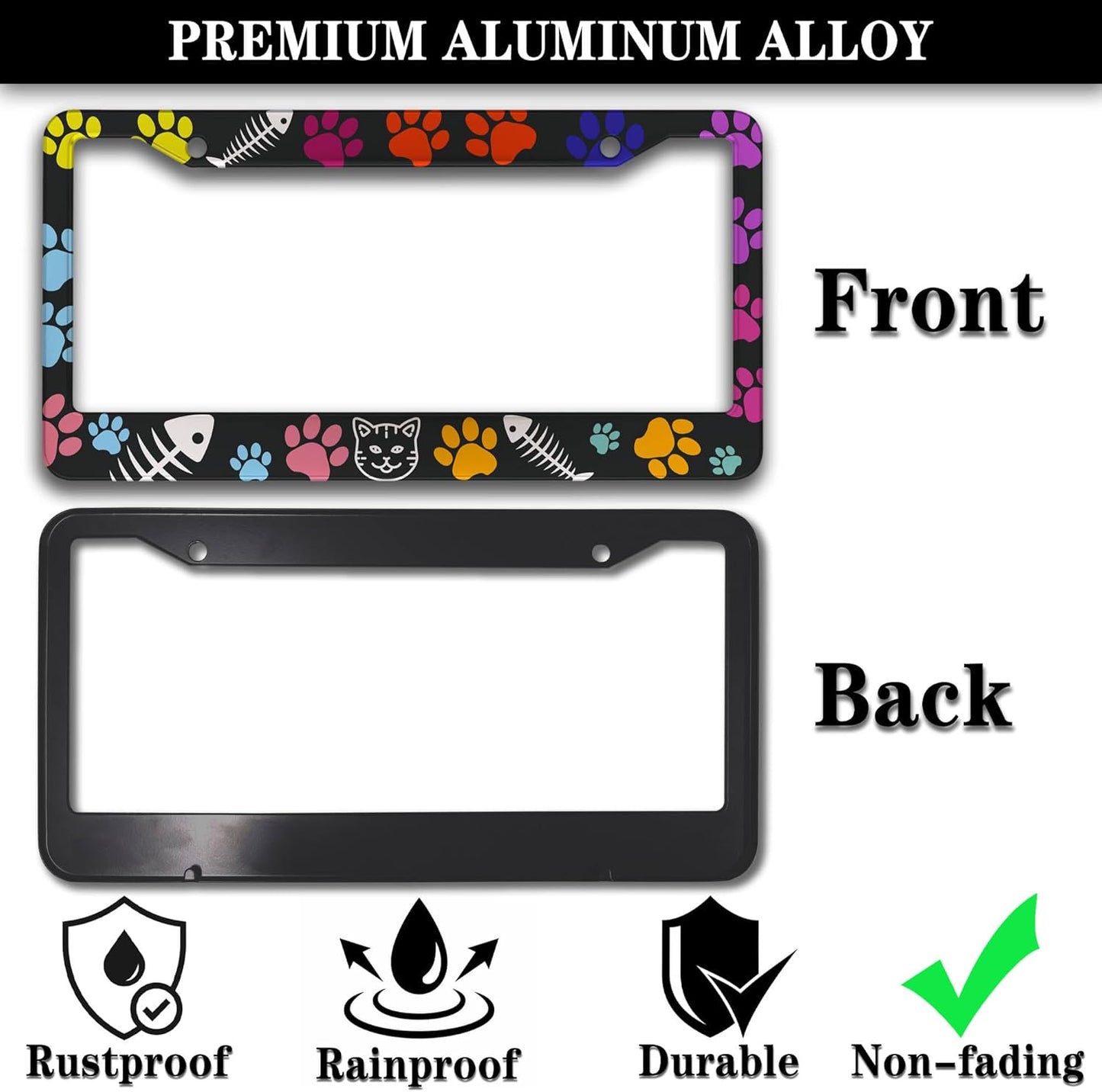 License Plate Frames for Women Multicolor Plate Cover for Car for Men Cat Lover Universal Aluminum Car Accessory 2 Pack with Screw Covers Set
