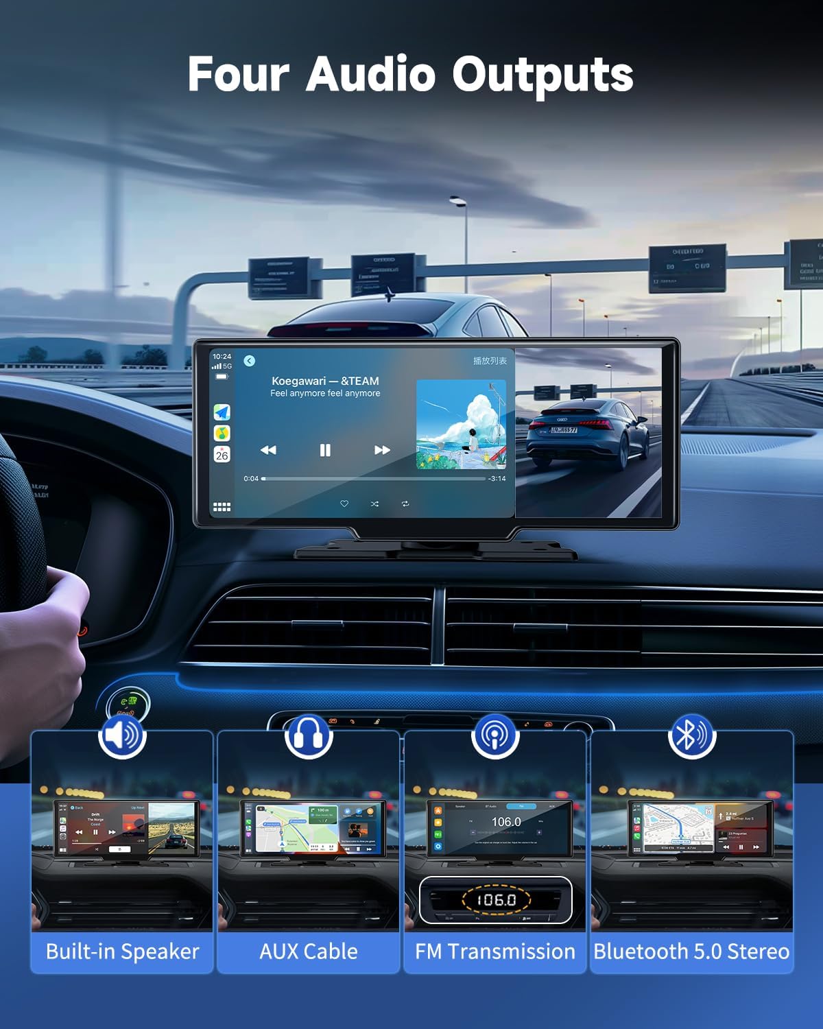 Portable Carplay Screen for Car - 10.26" Wireless Carplay & Android Auto Car Stereo, with 4K Dash Cam, Backup Camera, Bluetooth, GPS Navigation/Mirror Link/Voice Control/Bluetooth