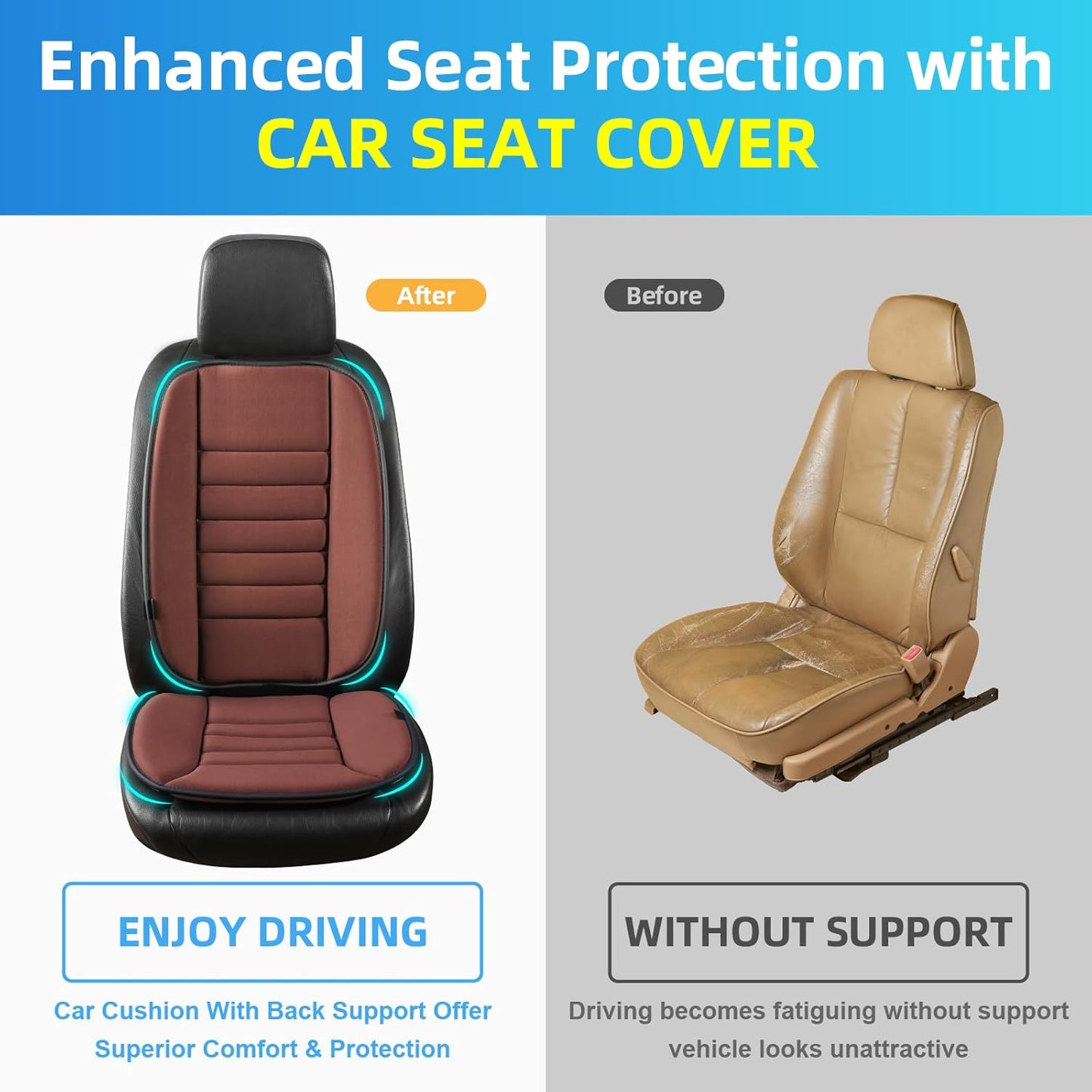 Car Seat Cushion with Back Support Pillow, Comfy Lumbar Support & Seat Cushion, Memory Foam Driving Pillow for Back-Sciatica Pain Relief, Auto Pad Suitable for Car, Truck, SUV - Brown