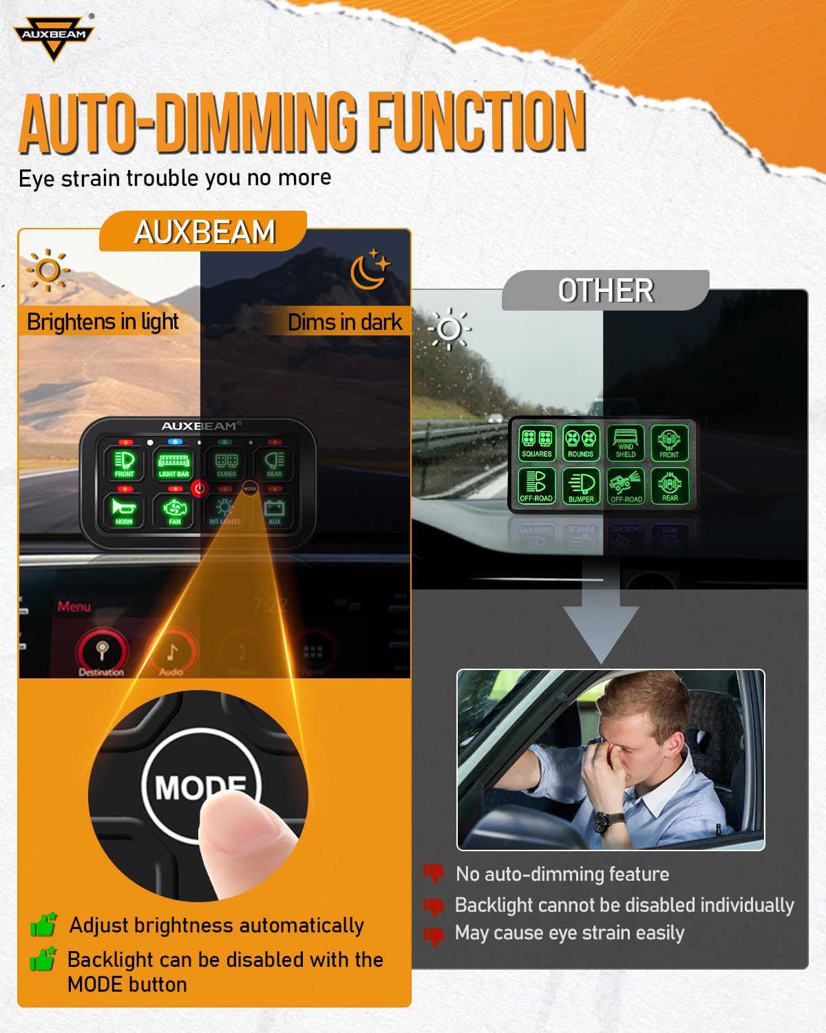 Auxbeam Switch Panel RB80 RGB 8 Gang Switch Panel Auto-Dimmable Multifunction Switch Panel w/Momentary Toggle Pulsed Memory, Aluminum Switch Panel for Truck Boat Car RV Waterproof, 2-Year Warranty