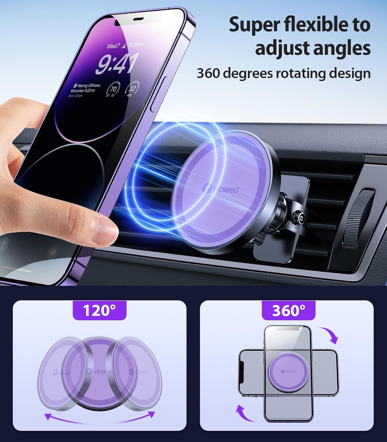 VICSEED for MagSafe Car Mount [Upgraded Strongest Magnet Power] Magnetic Phone Holder for Car Vent 360 Adjustable Magnetic Phone Mount for iPhone 16 Pro Max 15 14 13 12 Plus Mini, Purple