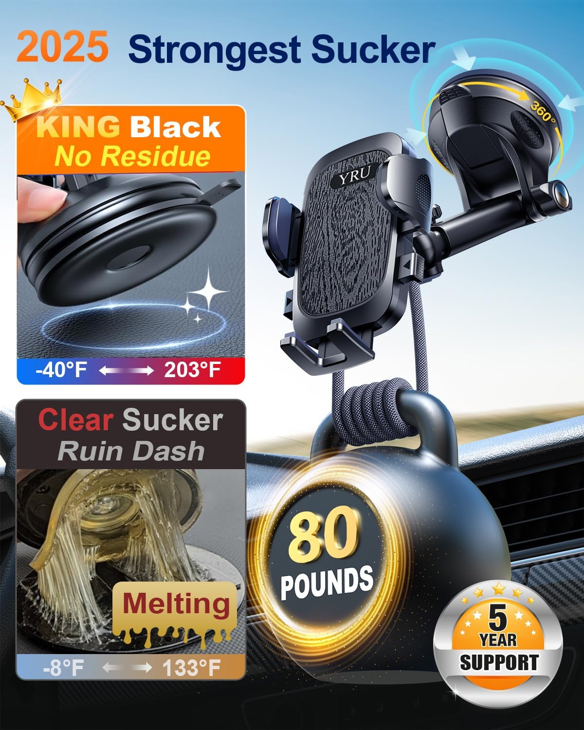 [True Military-Grade & 360 Degrees Rotatable Suction] 2025 YRU Ultimate Car Phone Holder Mount 【90+LBS Safest Strongest&Patent Cert】Dashboard Windshield Vent for iPhone 16 15 Pro Max Samsung,Jet Black