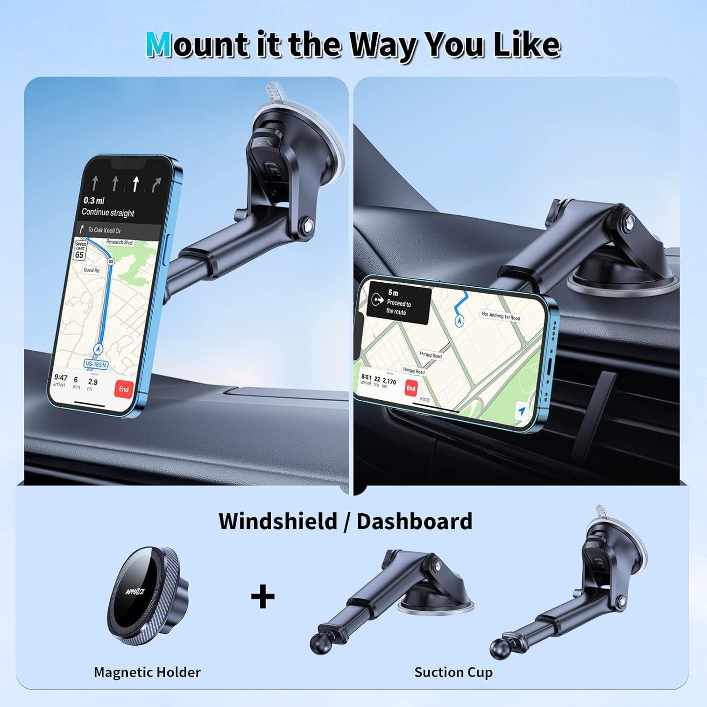 APPS2Car for MagSafe Car Mount, Magnetic Phone Holder for Car Dashboard Windshield iPhone Mount Holder Compatible with iPhone 16 15 14 13 12 Pro Plus Max, 17 Strong Magnets, Charging Not Supported