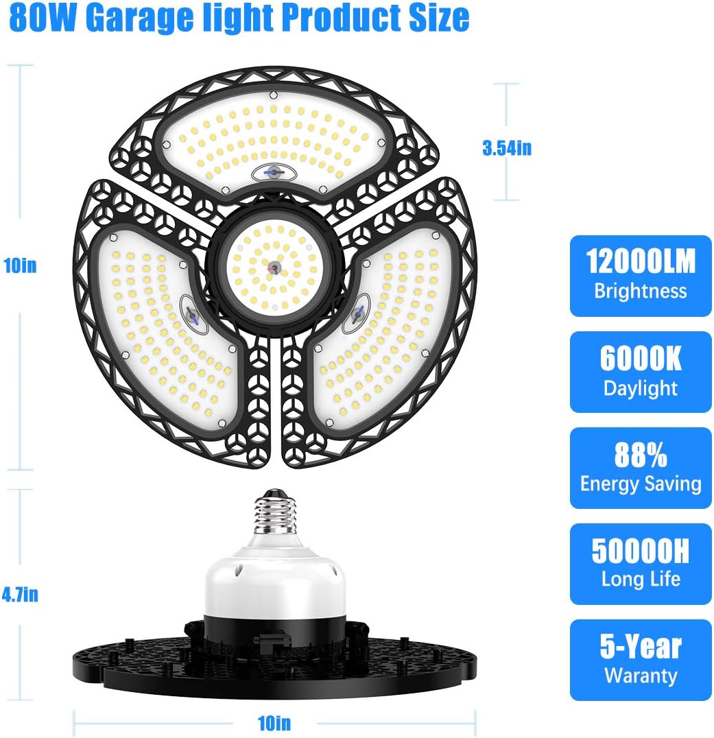 LED Garage Light 80W Deformable LED Ceiling Lights 12000 Lumens Led Shop Lights for Garage