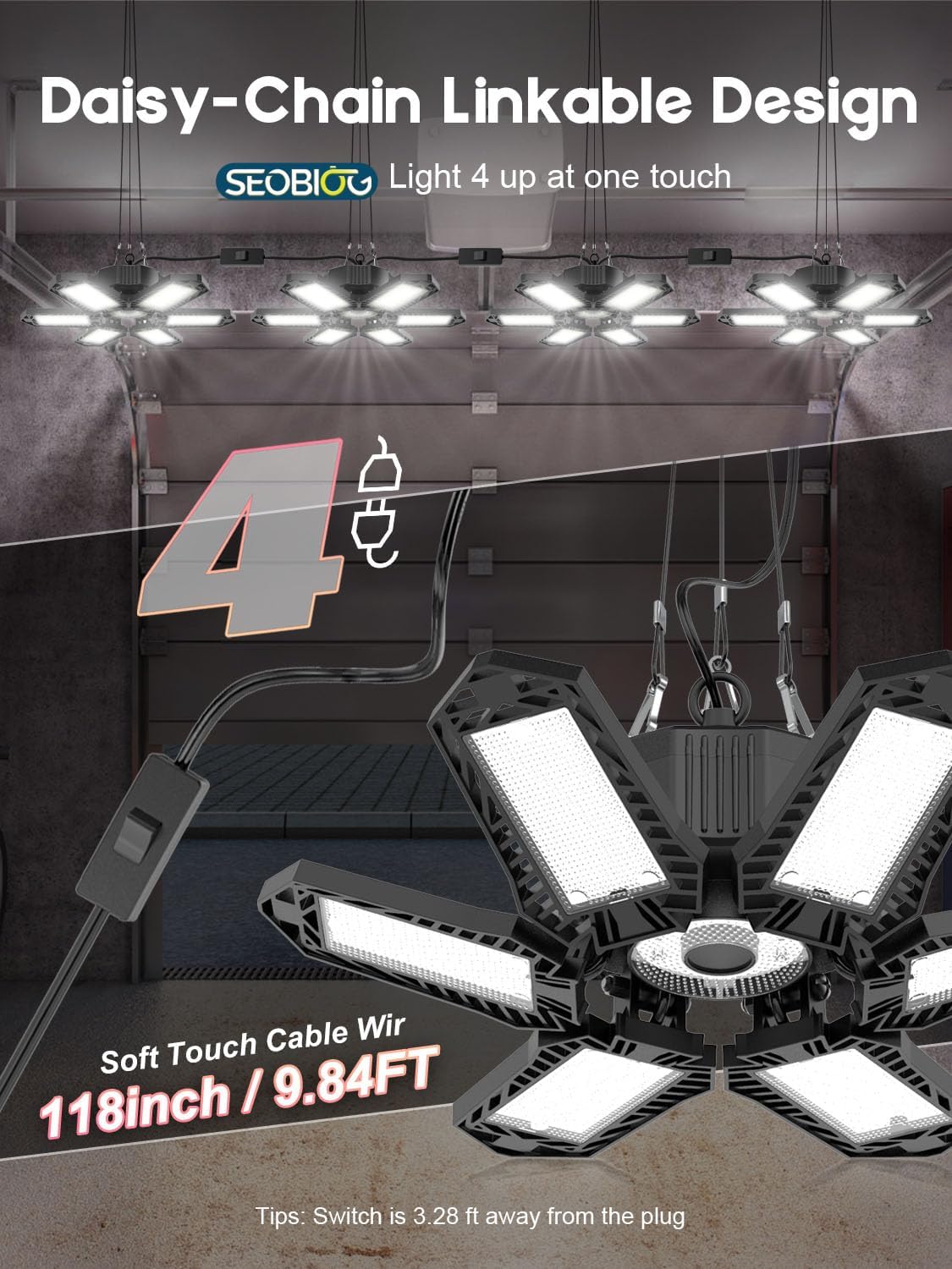 SEOBIOG LED Garage Lights - 6 Pack, 200W 20000LM Plug-in Shop Light with 6+1 Deformable Panels for Garage, Warehouse, Barn, Basement (Built-in ON/Off Switch)