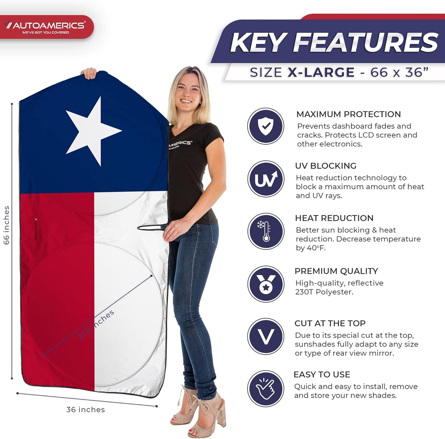 Autoamerics Truck Windshield Sun Shade with Storage Pouch & Anti-Slip Dash Pad - Foldable USA Texas Flag Design - Fits Most SUVs & Truck - Blocks UV Rays and Keeps Vehicle Cool | X-Large (66x 36 in)