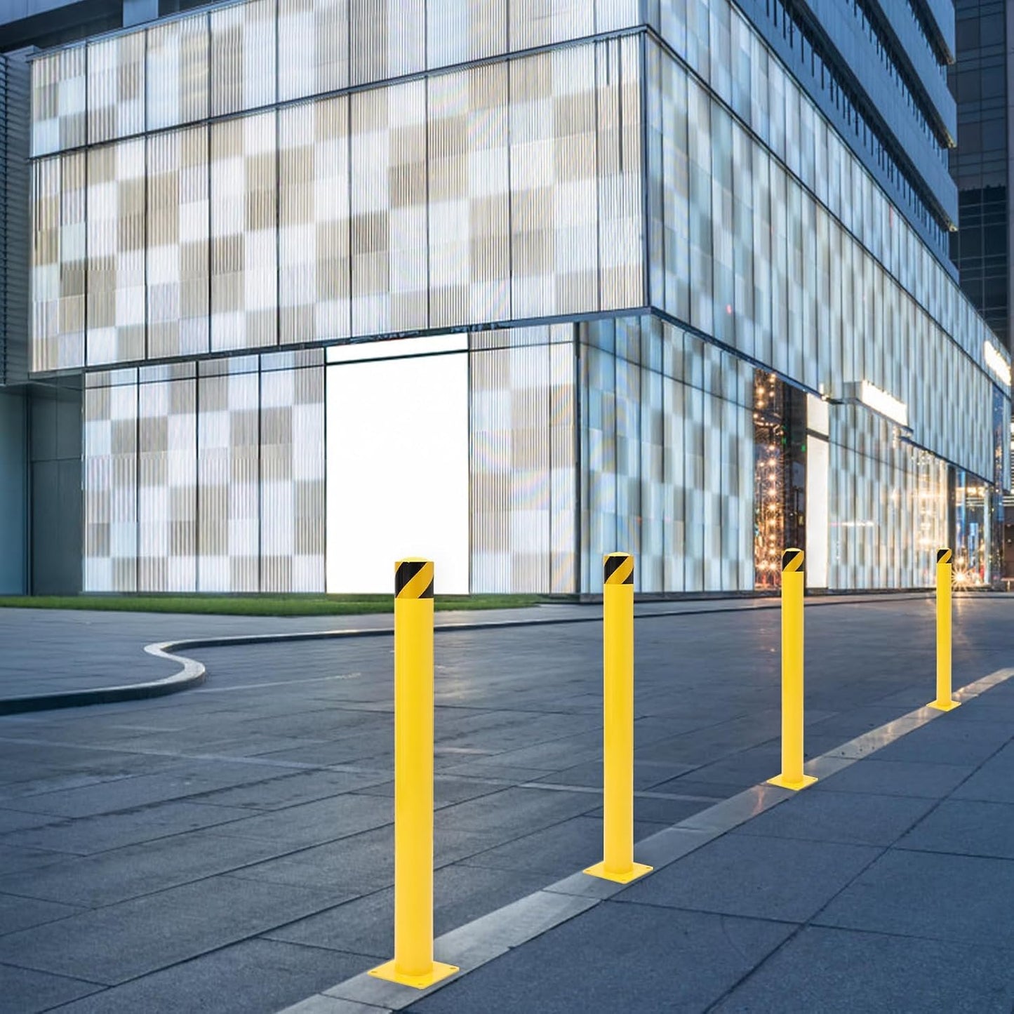 Safety Bollard 4 Packs, 42 Inch Height Steel Post, 4.5 Inch Diameter Parking Bollard, Yellow Safety Bollard Post with 16 Anchor Bolts, Ideal for Ideal for Parking Warehouse Park Traffic Area