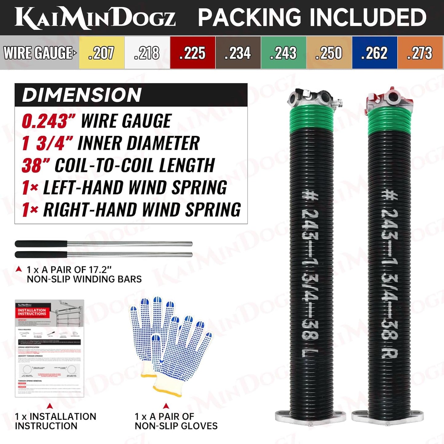 Pair of 1.75" Garage Door Torsion Springs Set with Non-Slip Winding Bars&Gloves, High Precision Electrophoresis Oil-Free Black Coated for Replacement, MIN 16,000 Cycles (0.243 x 1.75"x 38")