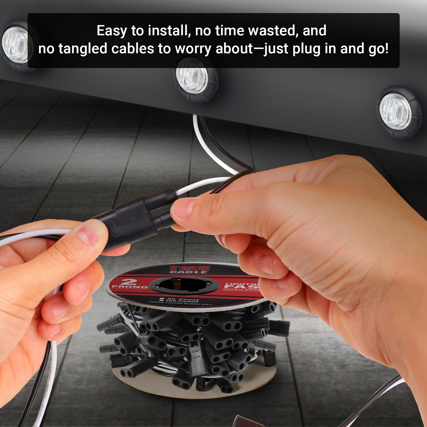 TMH 50 Count 2-Prong Wire Harness Roll Double Female Bullet Plug 18 Gauge - 6.5" Spacing for LED Marker Clearance Lights Hassle-Free Installation