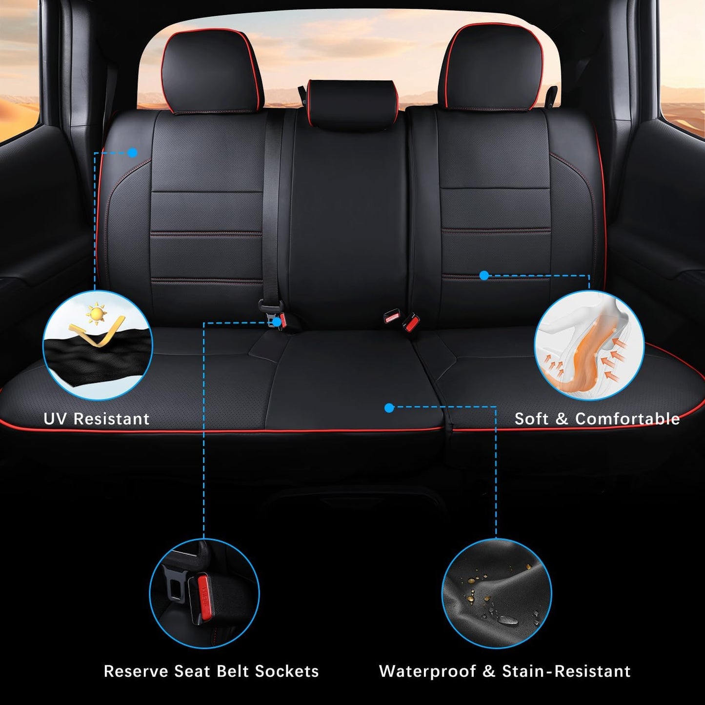 Car Seat Covers Full Set for Toyota Tacoma Double & Crew Cab 2023 2022 2021 2020 2019 2018 2017 2016 Tacoma Interior Accessories Premium Faux Leather Breathable Waterproof (Black+Red Line)