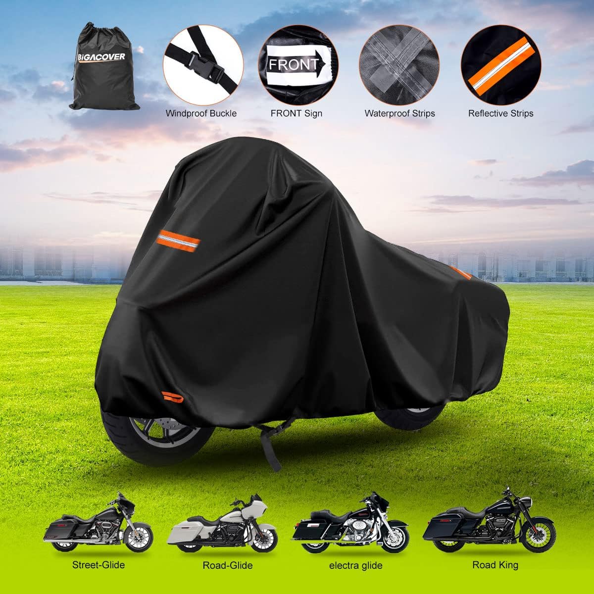 420D Motorcycle Cover for Harley Davidson Touring Models Road King, Road Glide, Street Glide, Electra Glide, Heritage Classic, Low Rider Outdoor Bike Cover Waterproof Fits up to 118” Motorcycle
