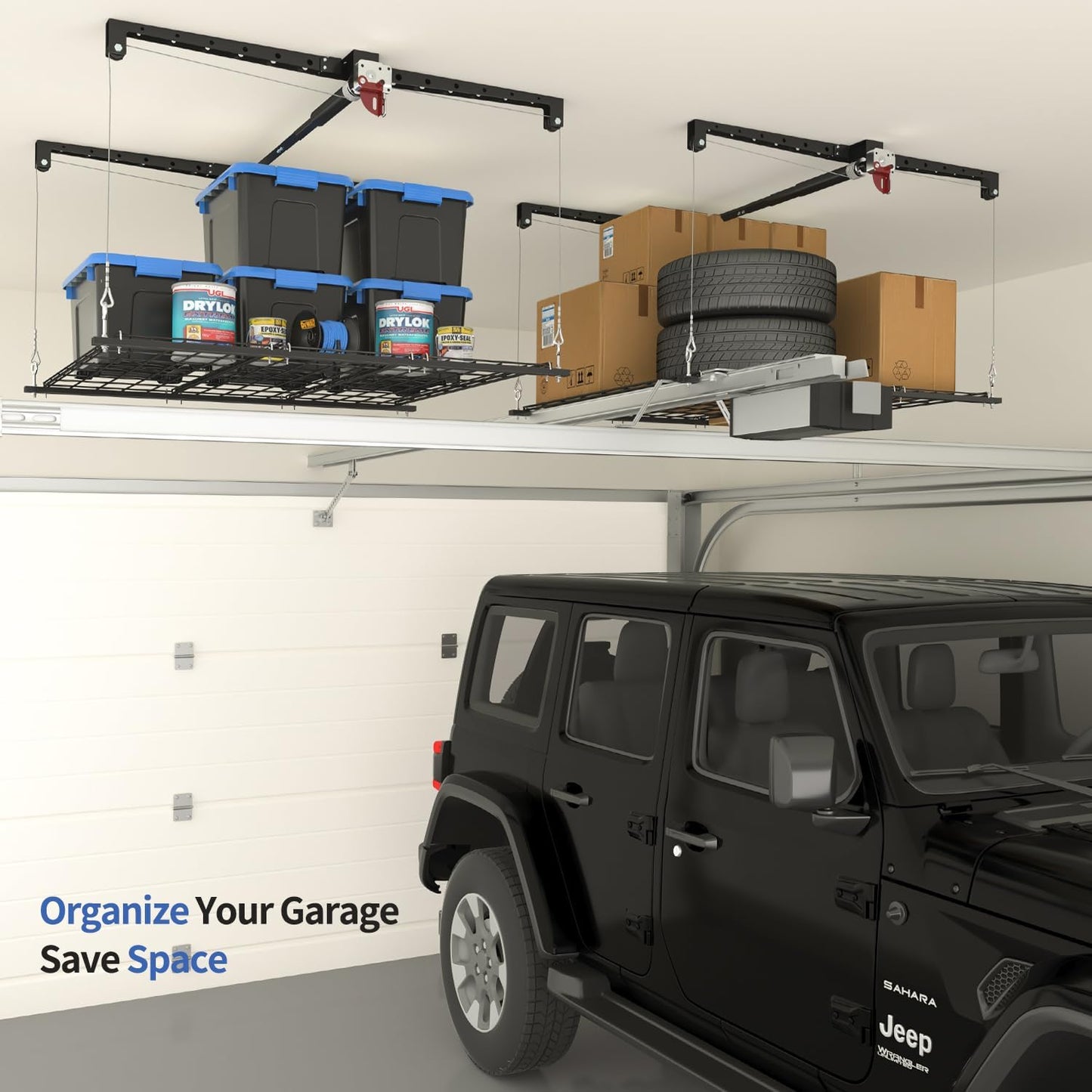 Overhead Garage Storage Rack, Heavy-duty 4x4 Ft Ceiling Storage Racks with Safety Lock, Ideal for Garage Storage Mounted Lift System and Storage Organizer, 250lbs Capacity