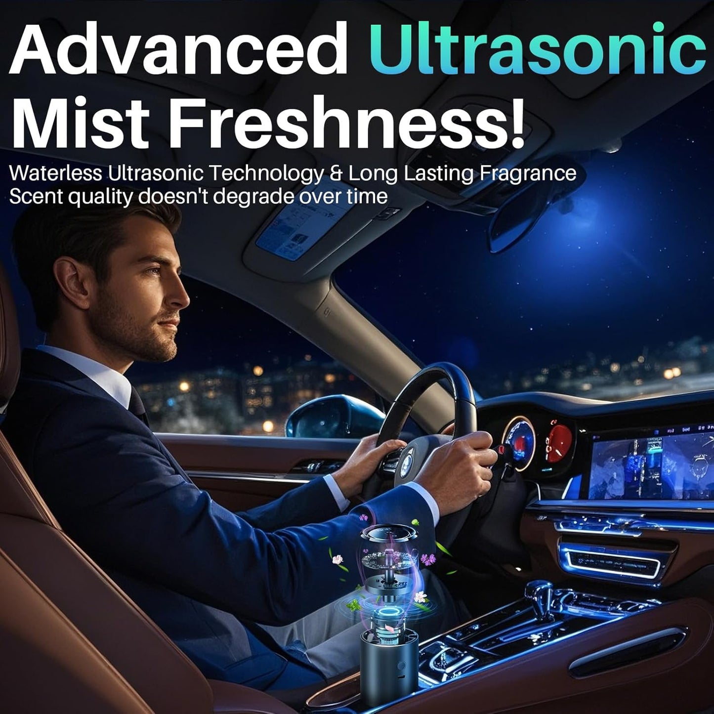 Smart Car Air Freshener Diffuser, Car Diffuser Air Fresheners Long Lasting with 100ml Capacity Essential Oil Last 6 Months, RGB Music Syncing Light, Auto On/Off, 5 Adjustable Car freshener, Ocean