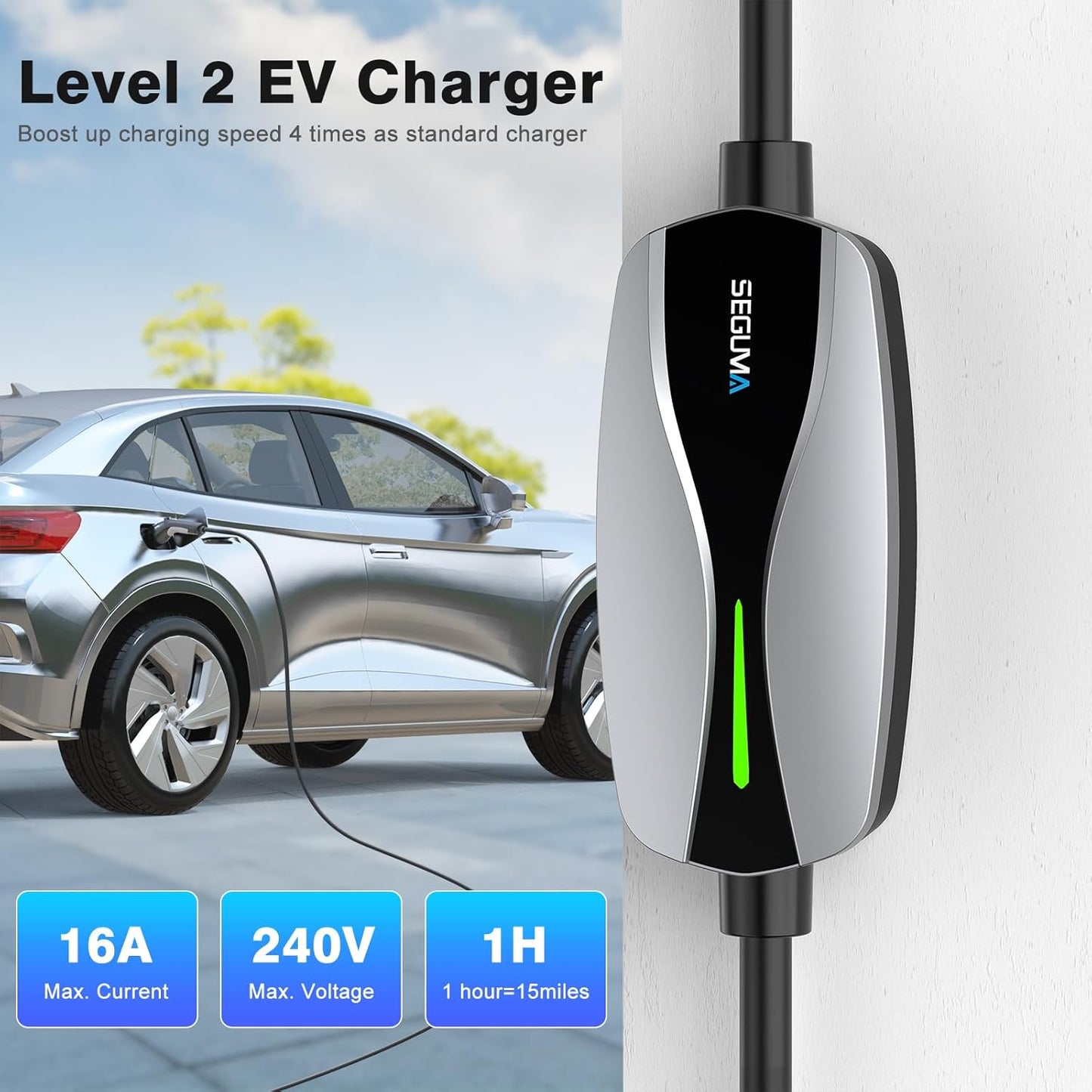 Level 1/2 EV Charger, 16Amp Electric Car Charger 25FT Cable with NEMA 6-20 Plug and NEMA 5-15 Adapter, Home Mobile EV Charging Station for J1772 BEVs/PHEVs 110V-240V(Silver)