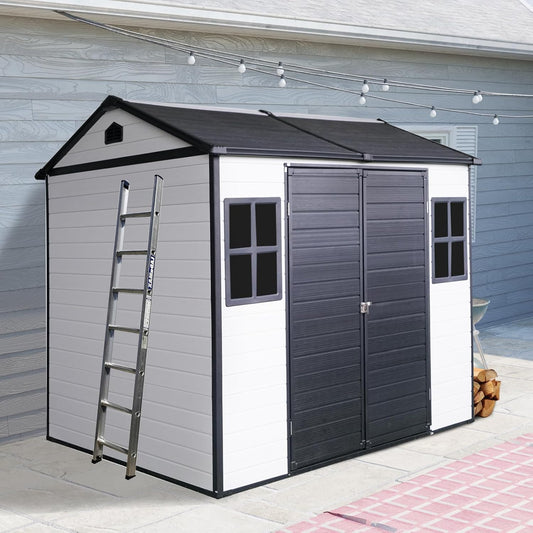 8x6 FT Outdoor Storage Shed, Resin Garden Shed with Thick Floor, Plastic Storage Shed with 2 Windows, Waterproof Outside Tool Shed with Lockable Hinged Doors for Backyard, Patio, Lawn, Black+White