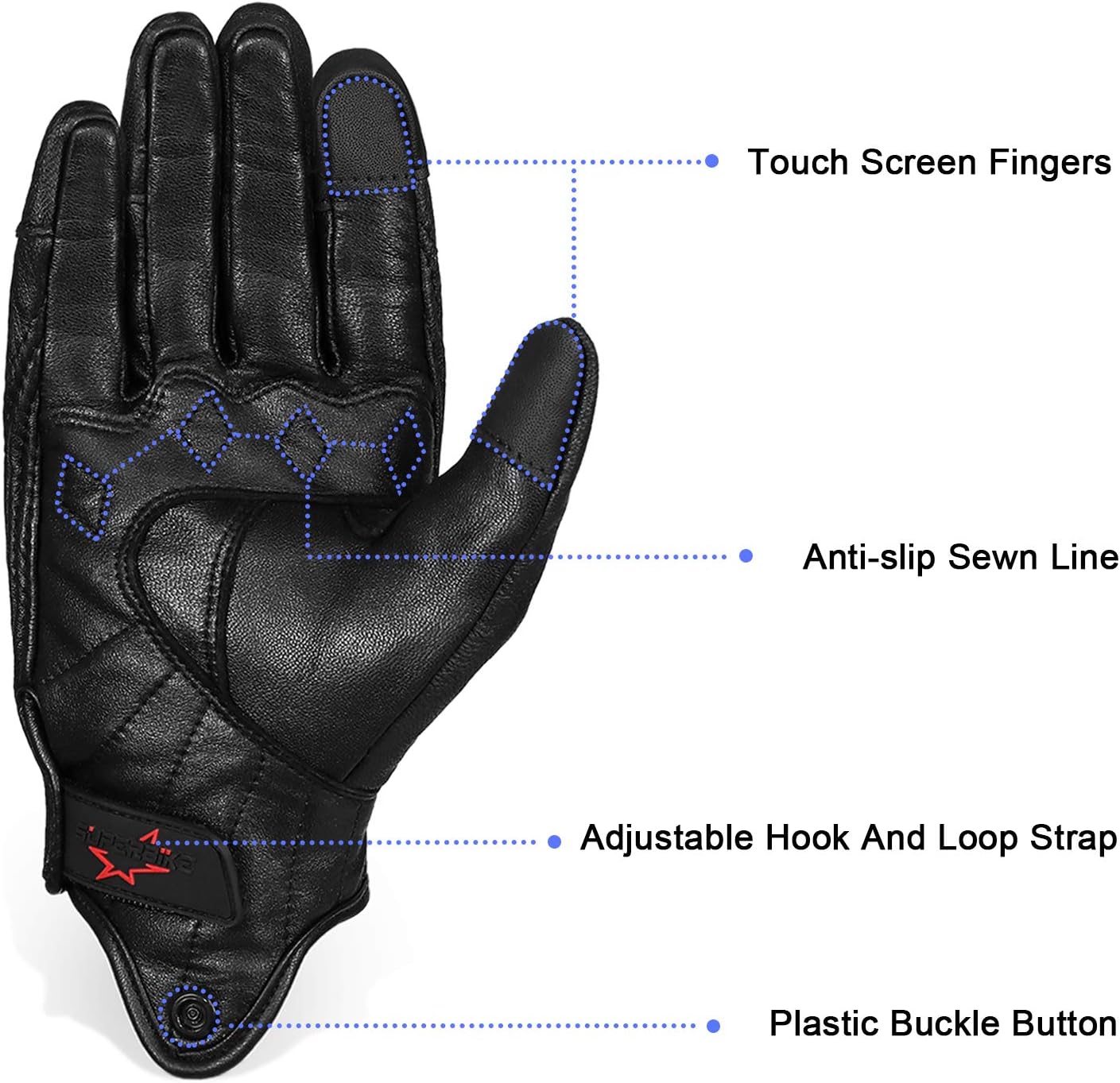 Superbike Full Finger Goat Skin Leather Touchscreen Motorcycle Gloves Non-Perforated, M