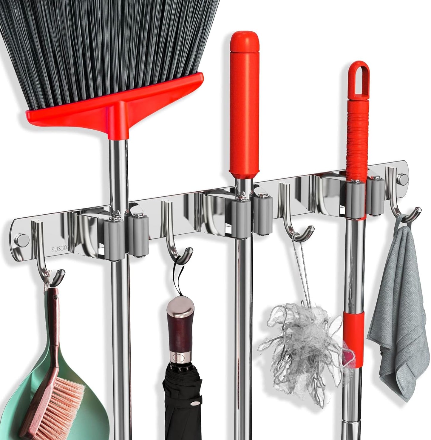 Mop and Broom Holder Wall Mount, Upgraded Broom Hanger Wall Mount, Stainless Steel Broom Organizer for Closet Garage Laundry Room Kitchen Wall Decor(3Racks 4Hooks Silver)