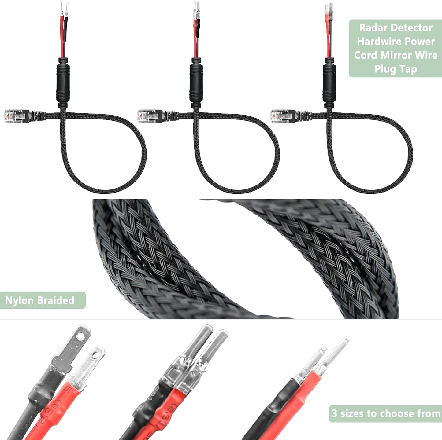 Radar Detector Rearview Mirror Mounting Bracket,13.8" Radar Detector Hard Wire Power Cord Mirror Wire Plug,with Braided Set of 3 (for Radar with EZ Magnetic Connection)