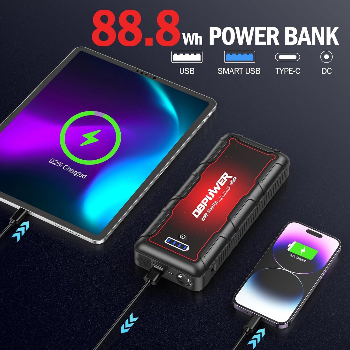 DBPOWER Jump Starter 4000A Peak 88.8Wh Portable Car Jump Starter (Up to All Gas/10L Diesel Engine) 12V Auto Battery Booster Pack with Smart Clamp Cables,Quick Charge, LED Light Jump Box