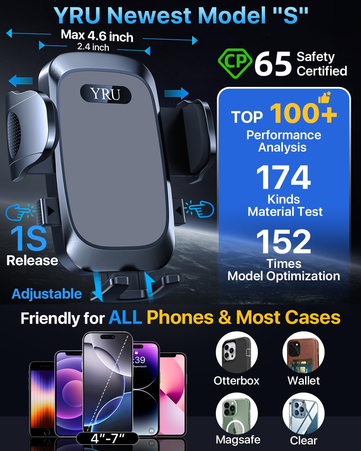 YRU [2025 Ultimate Car Phone Holder Mount [Bendable & Adjustable Aluminum Arm] Cell Phone Holder for Car Dashboard Windshield Phone Stand for iPhone16 15 14 13 Pro Max Samsung Pickup Truck,Dark Silver