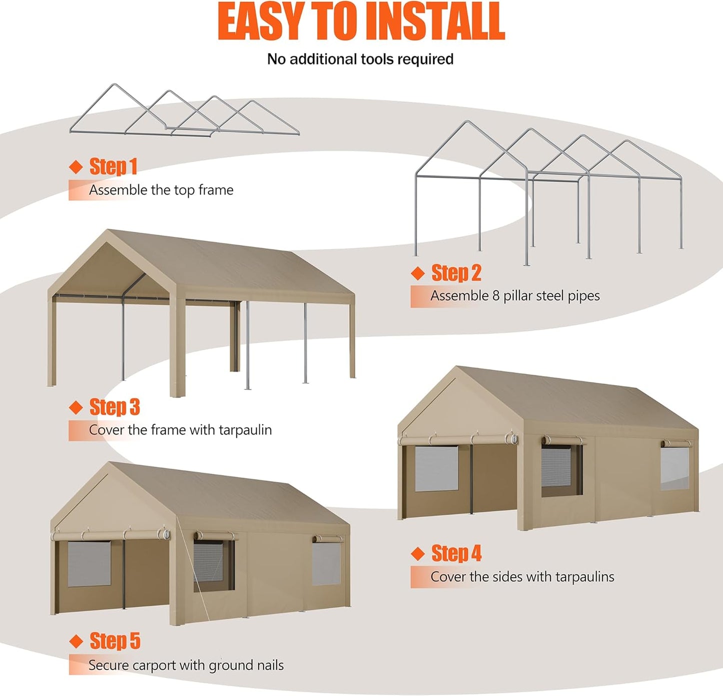 JAMFLY Carport, 10x20 ft Heavy Duty Carport with Roll-up Windows, Portable Garage with Removable Sidewalls & Doors, Car Canopy with Sandbags and All-Season Tarp for Car Boat Truck Motorcycle, Khaki