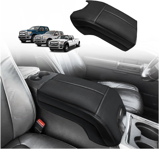 Muslogy Center Console Armrest Cover Compatible with Ford F250 F350 F450 2011-2016 Super Duty Comfort Armrest Pad Arm Rest Cushion Vegan Leather Protector Regular Thick(Bucket Seat ONLY)
