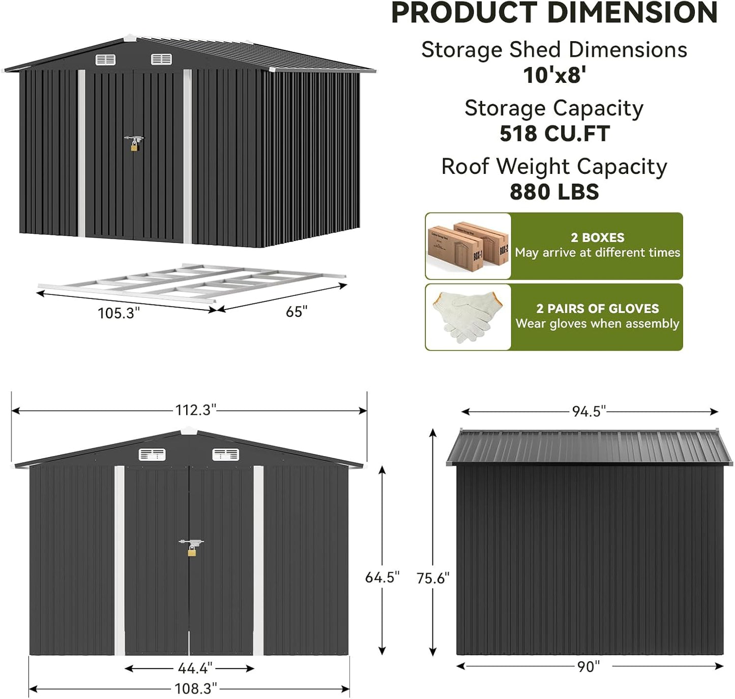 COMHOMA Shed Outdoor Storage Shed Metal,Lockable Doors Tool Sheds with Sloping Roof,Steel Garden Shed with Air Vent for Backyard,Patio,Lawn,Poolside (Grey, 10'*8'/Base)