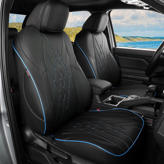 EKR Custom Fit Tacoma Car Seat Covers for Select Toyota Tacoma (Petrol) 2024 2025 Double cab SR,SR5,TRD Sport,TRD Off-Road,Limited -Full Set,Leather (Black with Blue Trim)