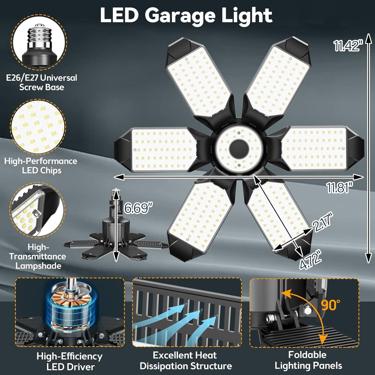 LED Garage Light Super Bright 15000LM LED Shop Ceiling Lights 6500K Garage Lighting, 360°&180° Adjustable Basement Lights with 6 Deformable Panels Screw in E26 E27 Socket for Storage Attic, 4 Pack