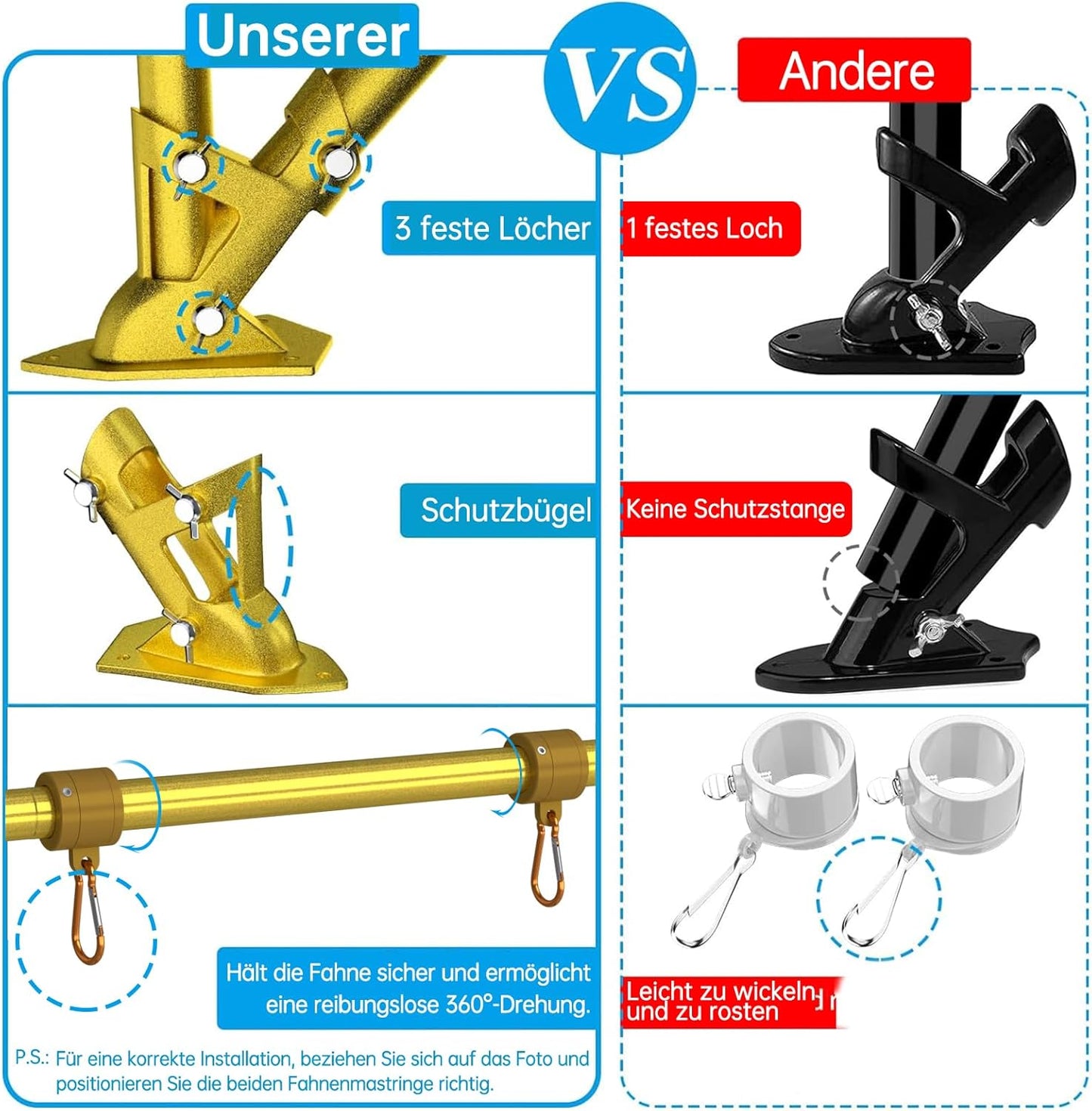 ZMTECH Flag Pole - Upgraded Bracket, (2 Packs) 6 FT Stainless Steel Flag Poles for Outside House, Residential or Commerical, Tangle Free Flag Pole Kit for American Flag (Without Flag, Gold)