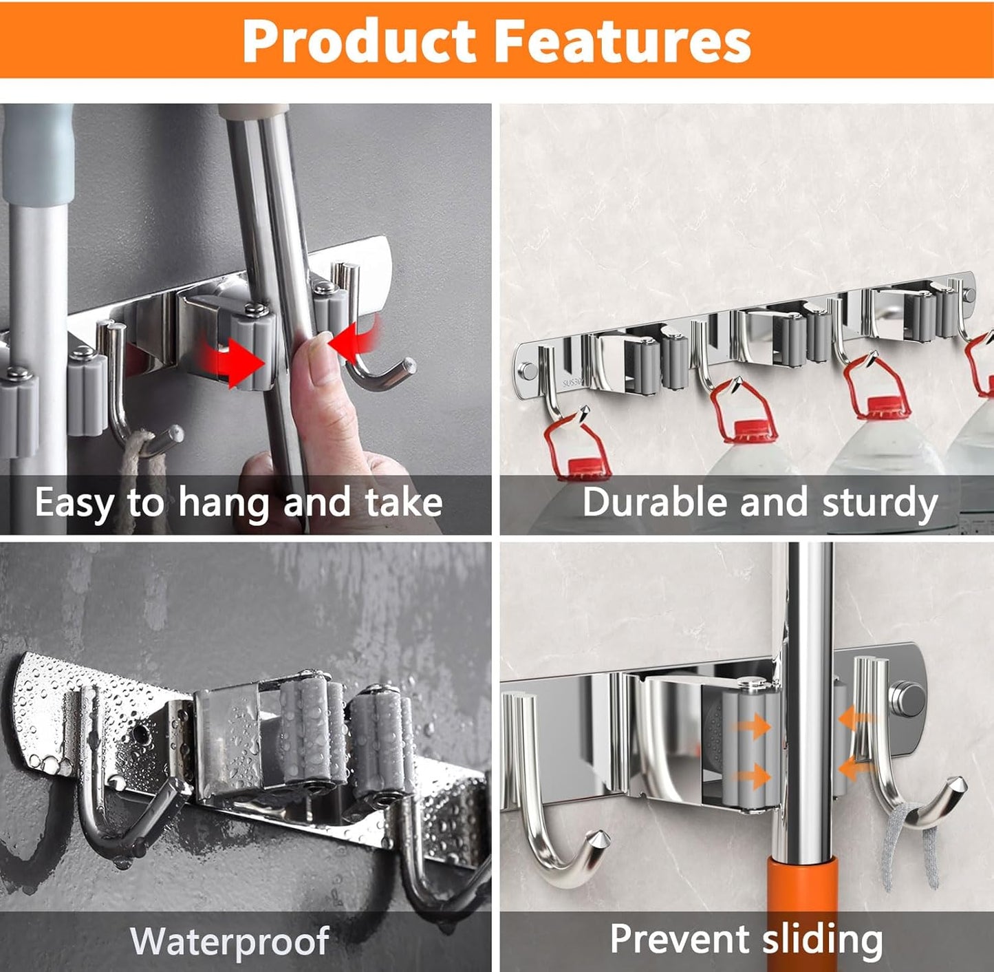 2 Pack Mop and Broom Holder Wall Mount, Non-slip Broom Hanger, Heavy Duty Mop Broom Organizer for Kitchen Garden Garage Laundry Room Wall Decor Organization and Storage Silver 3R4H