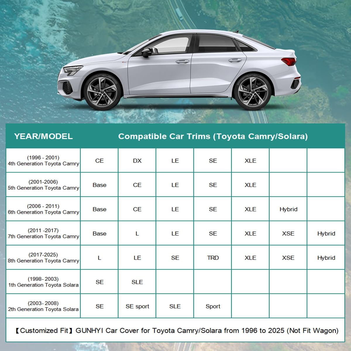 Premium Car Cover Custom Fit Toyota Camry/Solara (1991-2025), 16 Layers Heavy Duty Car Cover Waterproof All Weather with Zipper Door for Sun Rain Snow Dust Uv Protection