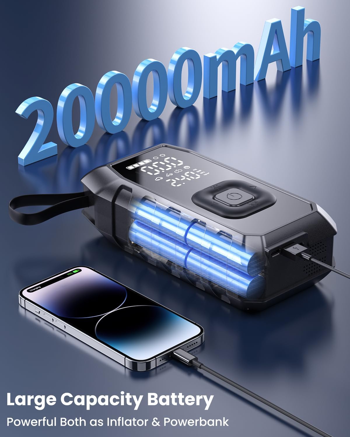 Tire Inflator Portable Air Compressor, 2X Faster Inflation Cordless Air Compressor, 20000mAh & 180PSI & Dual Cylinder, Electric Air Pump for Heavy-duty Vehicles, Car, Motorcycle, Bike, Ball (P235-09)